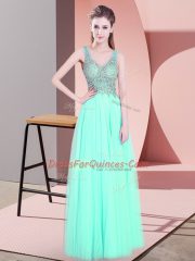 New Style Empire Prom Dresses Apple Green V-neck Tulle Sleeveless Floor Length Zipper