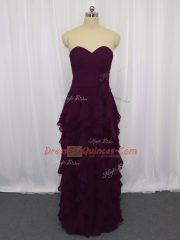 Dark Purple Chiffon Zipper Sweetheart Sleeveless Floor Length Prom Dresses Ruffled Layers and Ruching