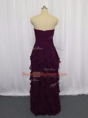 Dark Purple Chiffon Zipper Sweetheart Sleeveless Floor Length Prom Dresses Ruffled Layers and Ruching