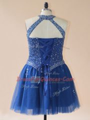 Royal Blue A-line Halter Top Sleeveless Tulle Mini Length Lace Up Beading Teens Party Dress