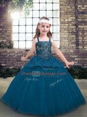 Superior Sleeveless Tulle Floor Length Lace Up Girls Pageant Dresses in Blue with Beading