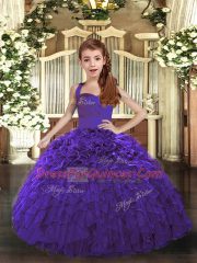 Purple Sleeveless Floor Length Ruffles Lace Up Kids Formal Wear