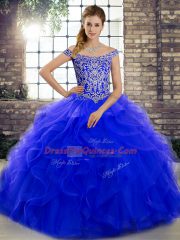 Royal Blue Lace Up Sweet 16 Quinceanera Dress Beading and Ruffles Sleeveless Brush Train