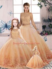 Peach Sweet 16 Dress Military Ball and Sweet 16 and Quinceanera with Lace Scalloped Sleeveless Sweep Train Backless