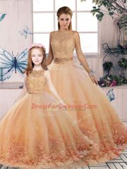 Peach Sweet 16 Dress Military Ball and Sweet 16 and Quinceanera with Lace Scalloped Sleeveless Sweep Train Backless