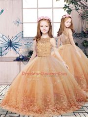 Peach Sweet 16 Dress Military Ball and Sweet 16 and Quinceanera with Lace Scalloped Sleeveless Sweep Train Backless