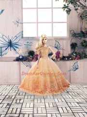 Peach Sweet 16 Dress Military Ball and Sweet 16 and Quinceanera with Lace Scalloped Sleeveless Sweep Train Backless