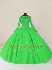 Graceful Floor Length Green Sweet 16 Dresses Tulle Long Sleeves Lace