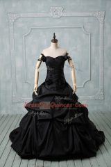 Lovely Off The Shoulder Sleeveless 15 Quinceanera Dress Brush Train Pick Ups and Hand Made Flower Black Taffeta