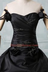 Lovely Off The Shoulder Sleeveless 15 Quinceanera Dress Brush Train Pick Ups and Hand Made Flower Black Taffeta