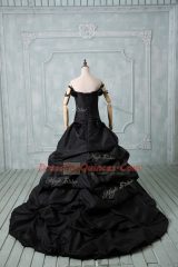 Lovely Off The Shoulder Sleeveless 15 Quinceanera Dress Brush Train Pick Ups and Hand Made Flower Black Taffeta