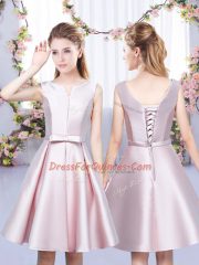 New Style Sleeveless Mini Length Bowknot Lace Up Court Dresses for Sweet 16 with Baby Pink