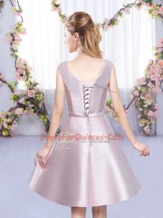 New Style Sleeveless Mini Length Bowknot Lace Up Court Dresses for Sweet 16 with Baby Pink