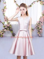 New Style Sleeveless Mini Length Bowknot Lace Up Court Dresses for Sweet 16 with Baby Pink