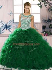 Pretty Dark Green Sleeveless Beading and Ruffles Floor Length Ball Gown Prom Dress