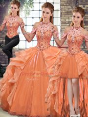 Fantastic Floor Length Orange Quinceanera Dress Organza Sleeveless Beading and Ruffles