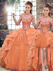 Fantastic Floor Length Orange Quinceanera Dress Organza Sleeveless Beading and Ruffles