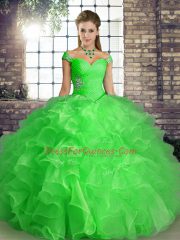 Simple Green Organza Lace Up Off The Shoulder Sleeveless Floor Length Sweet 16 Dresses Beading and Ruffles