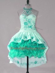Hot Selling Turquoise Lace Up Prom Dress Embroidery and Ruffles Sleeveless High Low