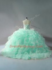 Fantastic Apple Green Ball Gowns Beading and Ruffles Quinceanera Dresses Lace Up Organza Sleeveless