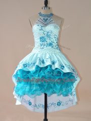 Aqua Blue High-neck Lace Up Embroidery and Ruffles Dress for Prom Sleeveless