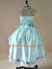 Aqua Blue High-neck Lace Up Embroidery and Ruffles Dress for Prom Sleeveless