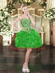Green Sleeveless Mini Length Beading and Ruffles Lace Up Homecoming Dress