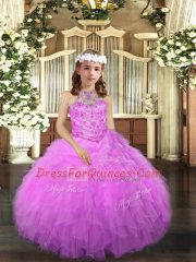 Lilac Ball Gowns Tulle Halter Top Sleeveless Beading and Ruffles Floor Length Lace Up Little Girl Pageant Gowns