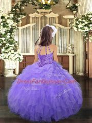 Lilac Ball Gowns Tulle Halter Top Sleeveless Beading and Ruffles Floor Length Lace Up Little Girl Pageant Gowns