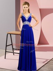 Hot Sale V-neck Sleeveless Dress for Prom Floor Length Beading Blue Chiffon