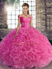 Beauteous Floor Length Rose Pink Quinceanera Dress Off The Shoulder Sleeveless Lace Up