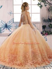 Suitable Green Sweet 16 Dress Military Ball and Sweet 16 and Quinceanera with Lace Scalloped Sleeveless Sweep Train Backless