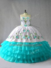 Fabulous Blue And White Sleeveless Embroidery and Ruffled Layers Floor Length Ball Gown Prom Dress