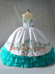 Fabulous Blue And White Sleeveless Embroidery and Ruffled Layers Floor Length Ball Gown Prom Dress