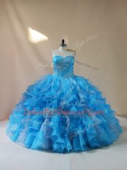 Baby Blue Ball Gowns Organza Sweetheart Sleeveless Beading and Ruffles Floor Length Lace Up Sweet 16 Quinceanera Dress