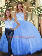 Sleeveless Floor Length Lace Clasp Handle Quinceanera Dress with Blue