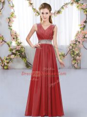 Elegant Sleeveless Chiffon Floor Length Lace Up Quinceanera Dama Dress in Wine Red with Beading and Belt