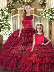 Wine Red Ball Gowns Organza Scoop Sleeveless Ruffled Layers Floor Length Lace Up 15th Birthday Dress