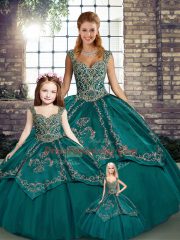 Gorgeous Teal Sleeveless Beading and Embroidery Floor Length Quinceanera Gown