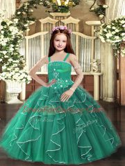 Dark Green Ball Gowns Tulle Straps Sleeveless Beading and Ruffles Floor Length Lace Up Little Girls Pageant Gowns