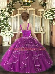 Dark Green Ball Gowns Tulle Straps Sleeveless Beading and Ruffles Floor Length Lace Up Little Girls Pageant Gowns