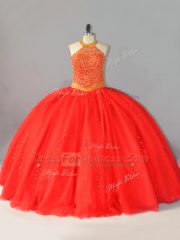Sleeveless Floor Length Beading Lace Up Quince Ball Gowns with Coral Red