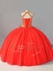 Sleeveless Floor Length Beading Lace Up Quince Ball Gowns with Coral Red