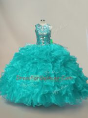 Aqua Blue Scoop Lace Up Beading and Ruffles Sweet 16 Quinceanera Dress Sleeveless