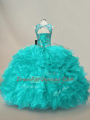 Aqua Blue Scoop Lace Up Beading and Ruffles Sweet 16 Quinceanera Dress Sleeveless