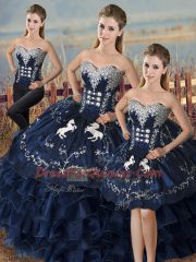 Superior Navy Blue Lace Up Sweetheart Embroidery and Ruffles 15 Quinceanera Dress Organza Sleeveless