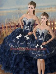 Superior Navy Blue Lace Up Sweetheart Embroidery and Ruffles 15 Quinceanera Dress Organza Sleeveless