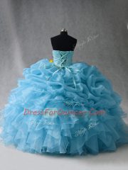 Enchanting Baby Blue Ball Gowns Beading and Ruffles and Pick Ups Quinceanera Gowns Lace Up Organza Sleeveless Floor Length