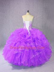 Sweetheart Sleeveless Sweet 16 Quinceanera Dress Floor Length Beading and Ruffles Purple Organza