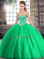 Cute Green Tulle Lace Up Vestidos de Quinceanera Sleeveless Brush Train Beading